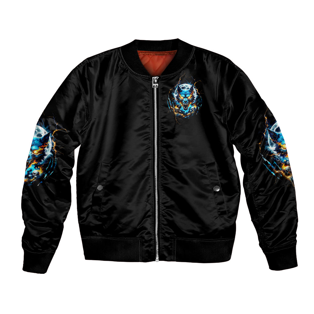 Black unisex bomber jacket with front wolf skull graphic, zip-up front
