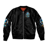 Black unisex bomber jacket with front wolf skull graphic, zip-up front