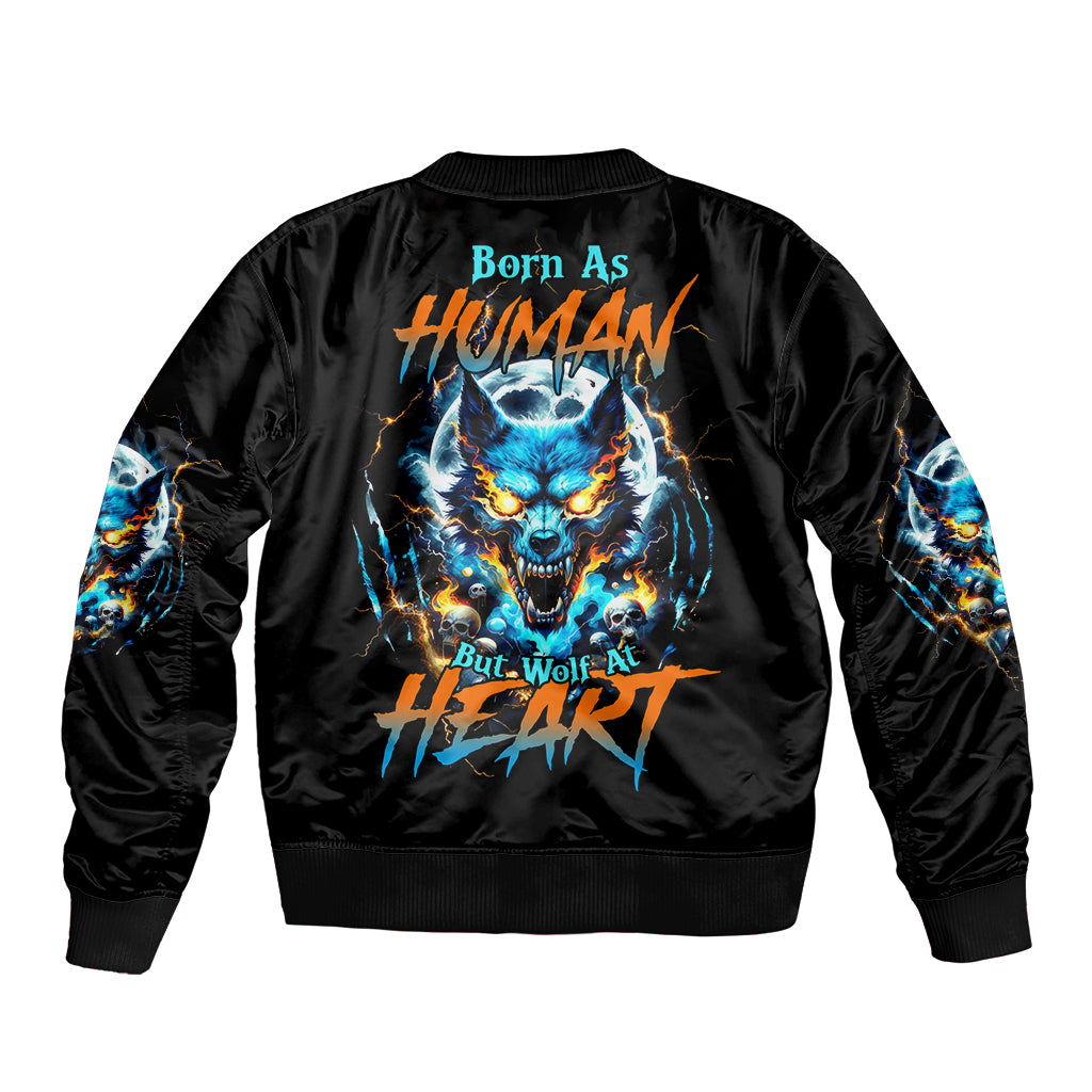 Wolf Skull Bomber Jacket Born As Human But Wolft At Heart - Wonder Print Shop