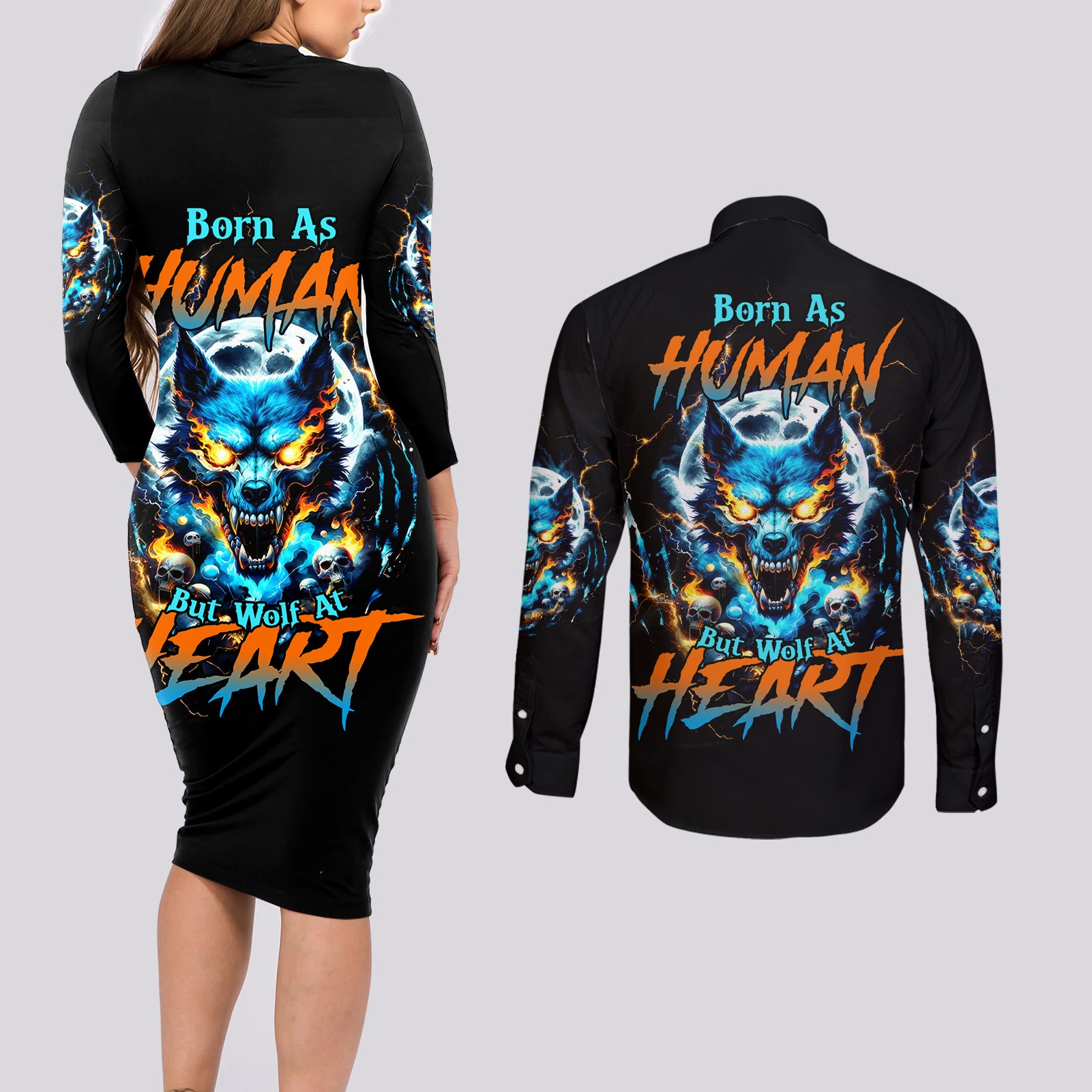 Wolf Skull Couples Matching Long Sleeve Bodycon Dress and Long Sleeve Button Shirt Born As Human But Wolft At Heart - Wonder Print Shop