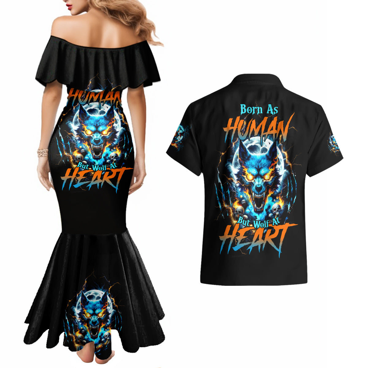 Wolf Skull Couples Matching Mermaid Dress and Hawaiian Shirt Born As Human But Wolft At Heart - Wonder Print Shop