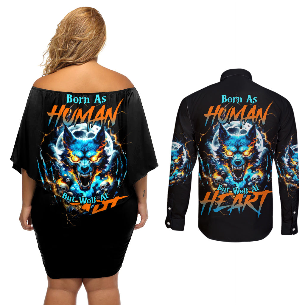 Wolf Skull Couples Matching Off Shoulder Short Dress and Long Sleeve Button Shirt Born As Human But Wolft At Heart - Wonder Print Shop