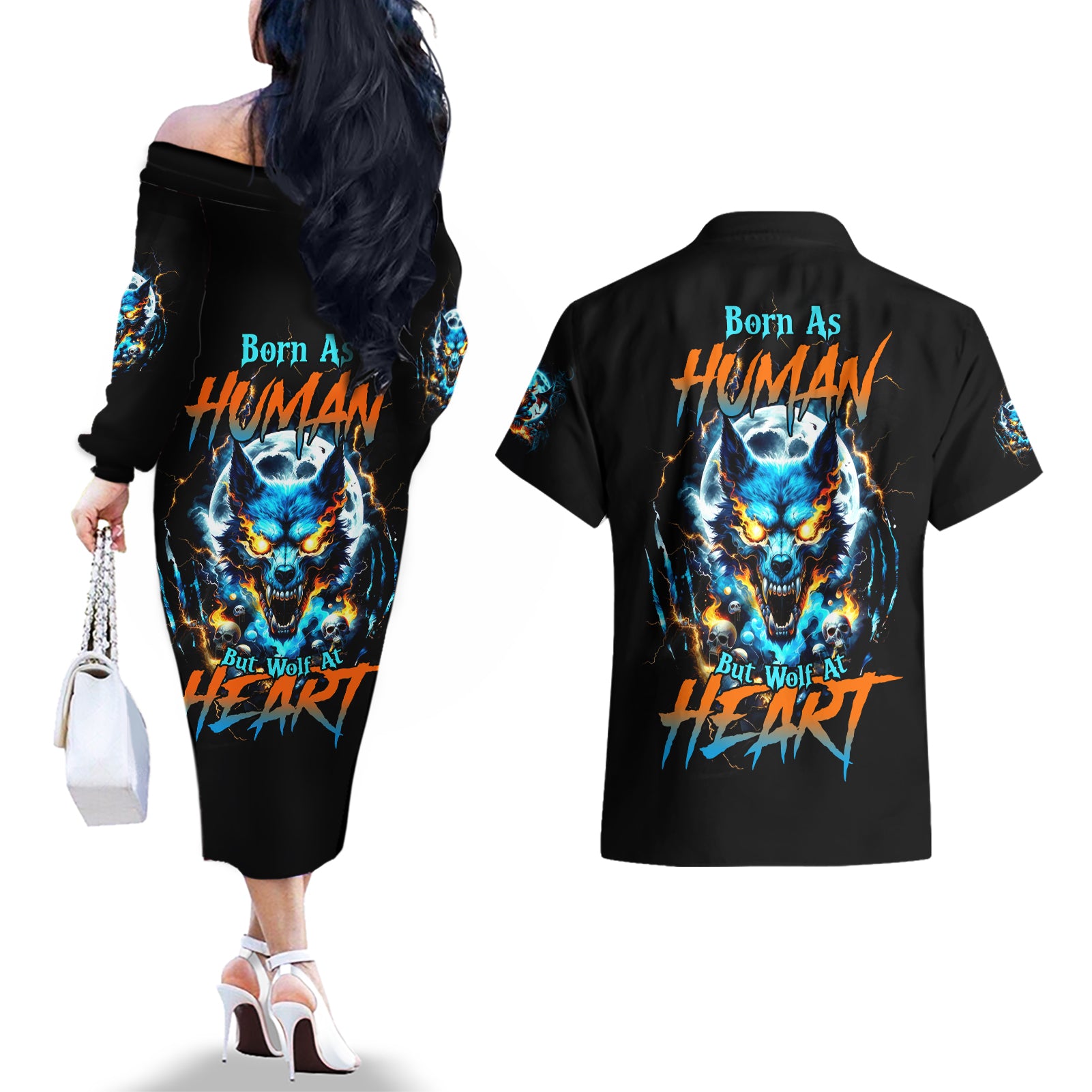 Wolf Skull Couples Matching Off The Shoulder Long Sleeve Dress and Hawaiian Shirt Born As Human But Wolft At Heart - Wonder Print Shop