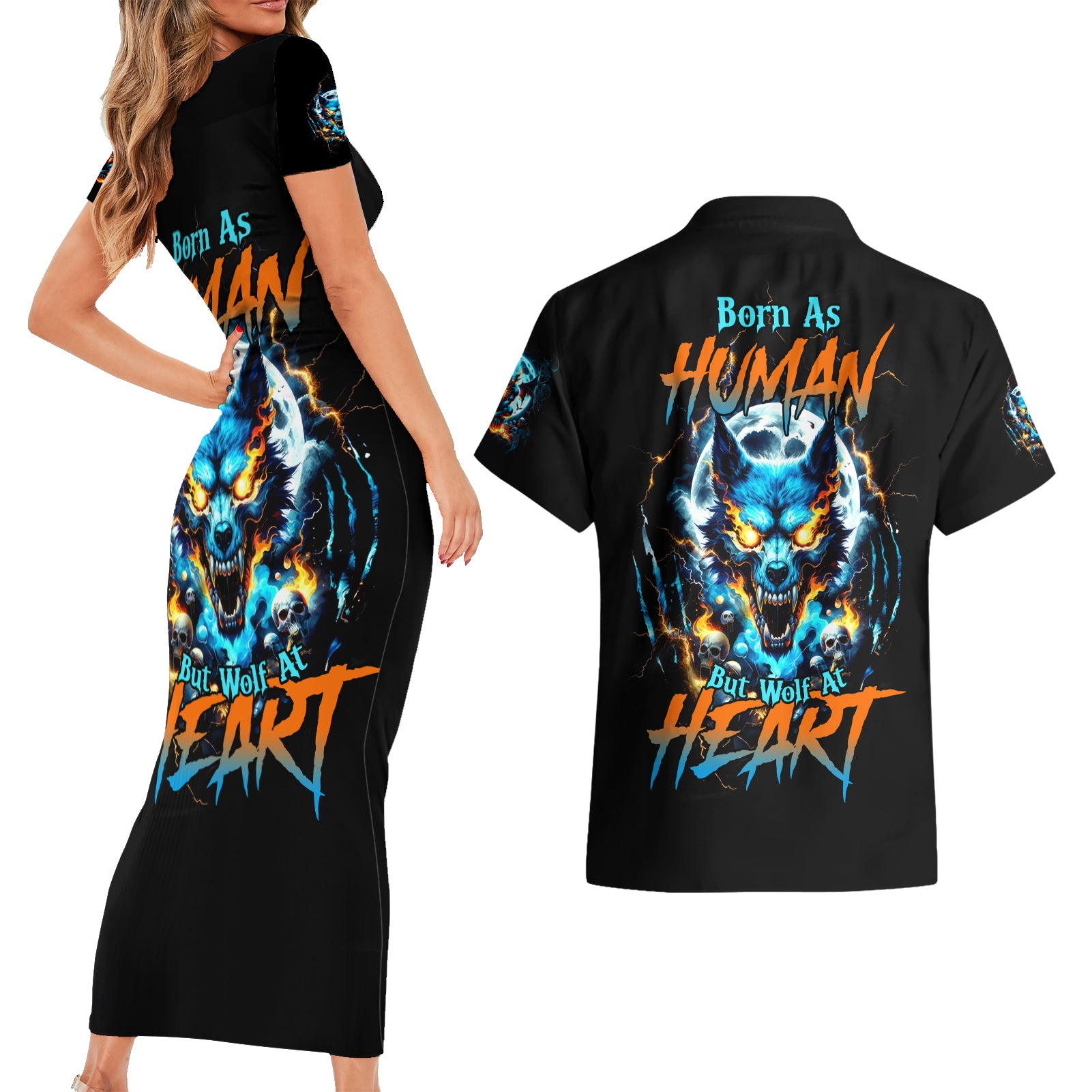 Wolf Skull Couples Matching Short Sleeve Bodycon Dress and Hawaiian Shirt Born As Human But Wolft At Heart - Wonder Print Shop