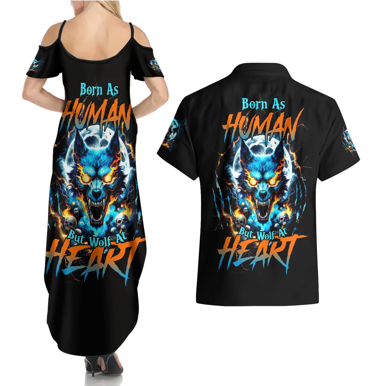 Wolf Skull Couples Matching Summer Maxi Dress and Hawaiian Shirt Born As Human But Wolft At Heart - Wonder Print Shop