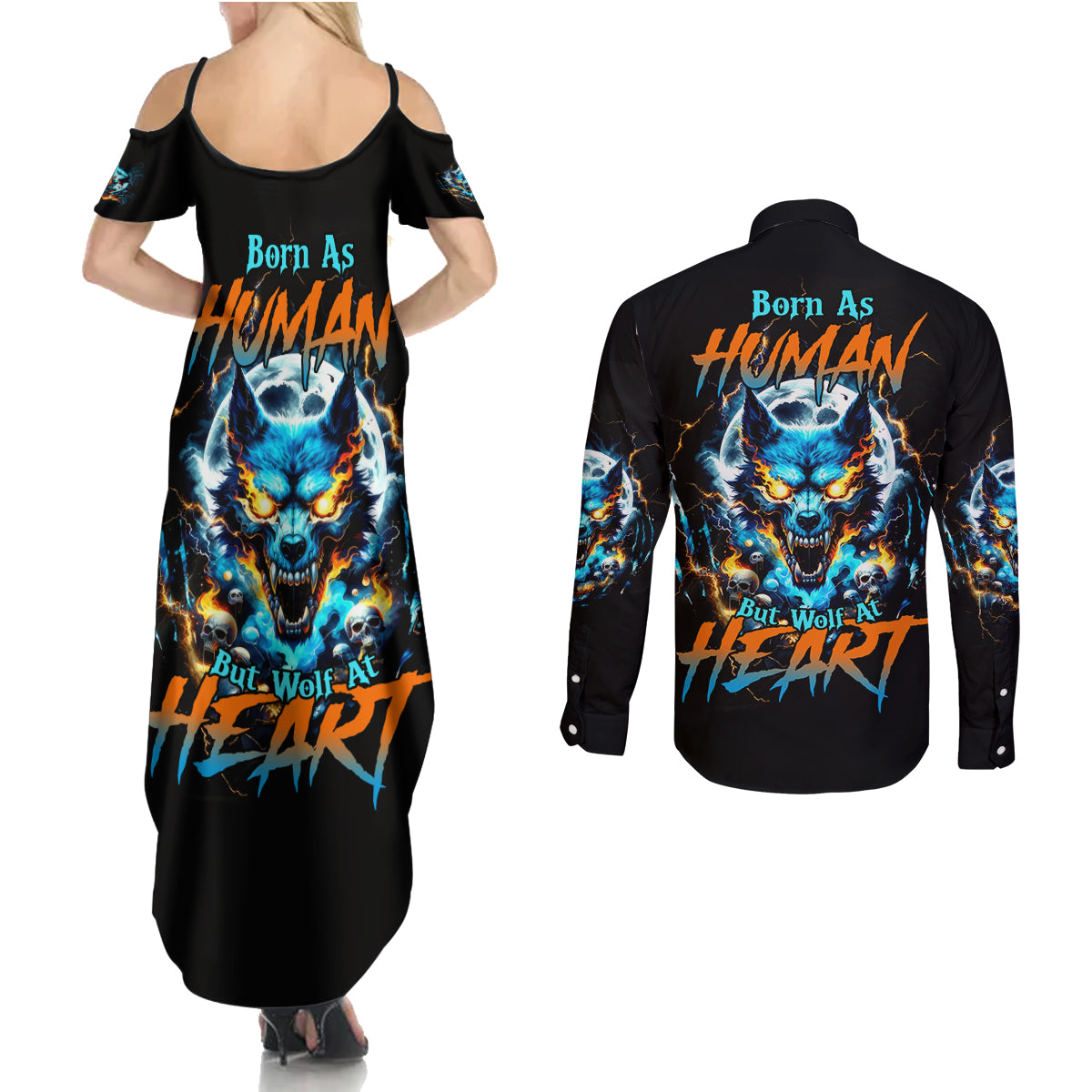 Wolf Skull Couples Matching Summer Maxi Dress and Long Sleeve Button Shirt Born As Human But Wolft At Heart - Wonder Print Shop