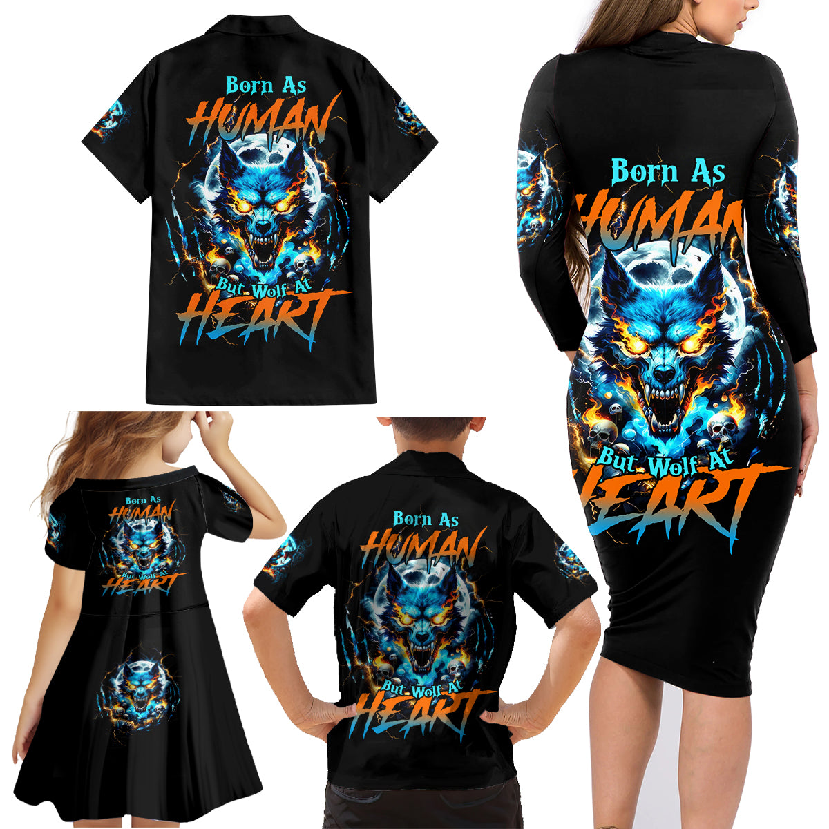 Wolf Skull Family Matching Long Sleeve Bodycon Dress and Hawaiian Shirt Born As Human But Wolft At Heart - Wonder Print Shop