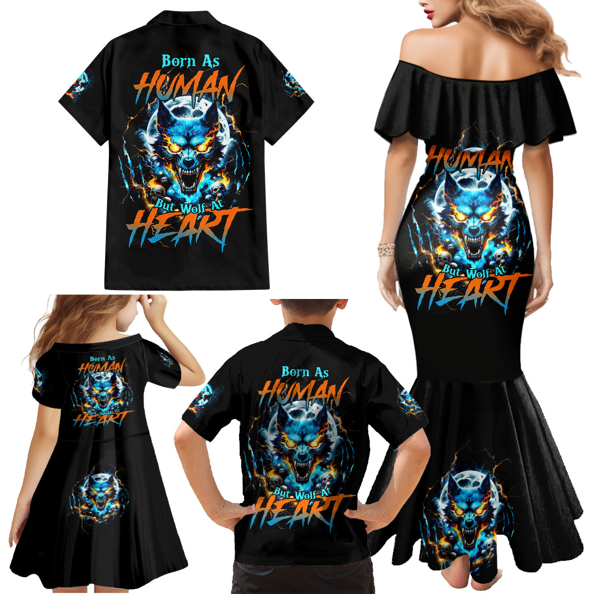 Wolf Skull Family Matching Mermaid Dress and Hawaiian Shirt Born As Human But Wolft At Heart - Wonder Print Shop