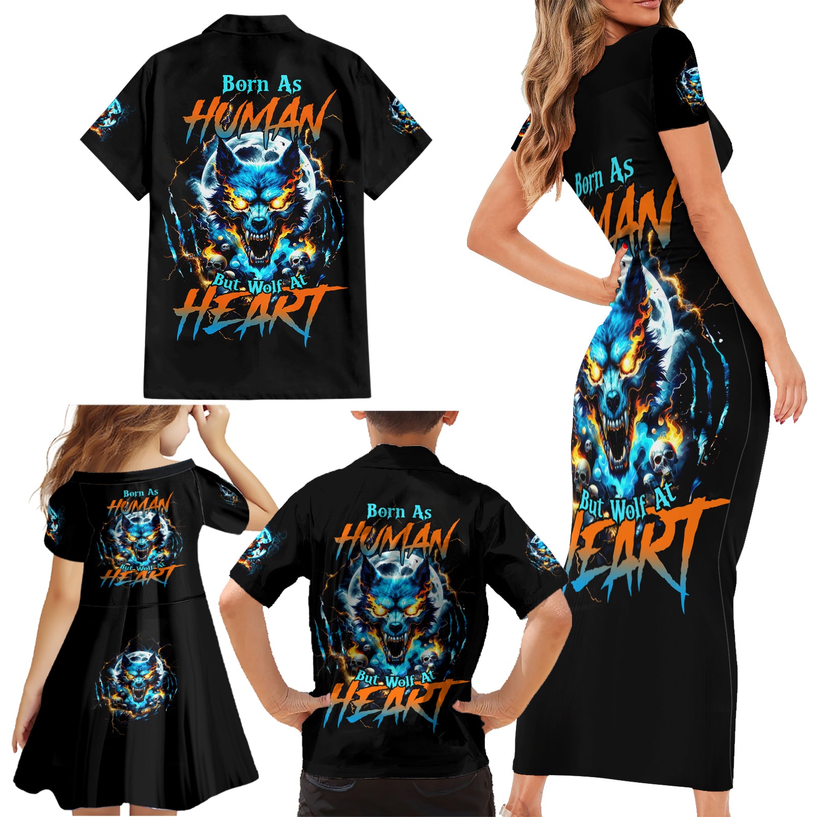 Wolf Skull Family Matching Short Sleeve Bodycon Dress and Hawaiian Shirt Born As Human But Wolft At Heart - Wonder Print Shop