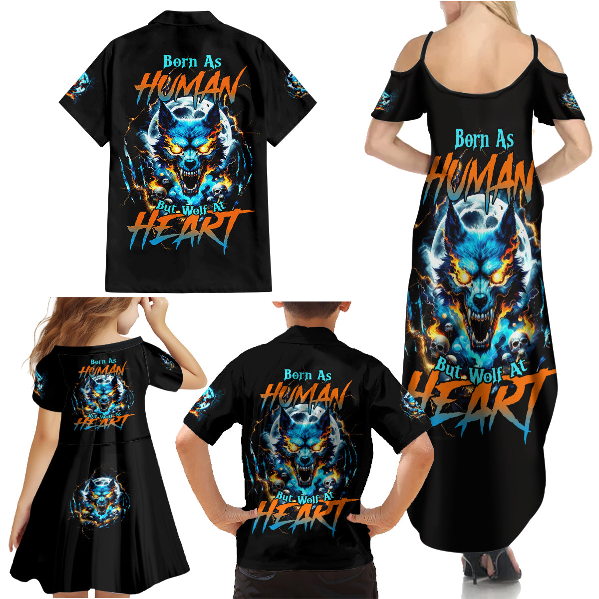 Wolf Skull Family Matching Summer Maxi Dress and Hawaiian Shirt Born As Human But Wolft At Heart - Wonder Print Shop