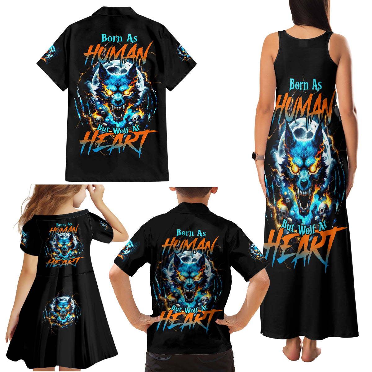 Wolf Skull Family Matching Tank Maxi Dress and Hawaiian Shirt Born As Human But Wolft At Heart - Wonder Print Shop