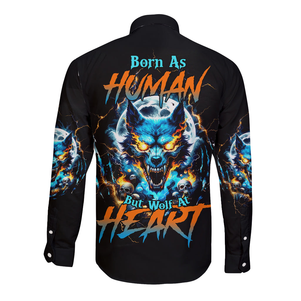 Wolf Skull Long Sleeve Button Shirt Born As Human But Wolft At Heart - Wonder Print Shop