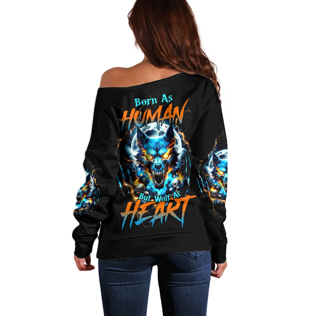 Wolf Skull Off Shoulder Sweater Born As Human But Wolft At Heart - Wonder Print Shop