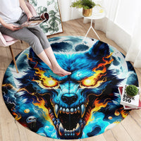 Round wolf skull graphic area rug with blue and orange flame accents, full face pattern