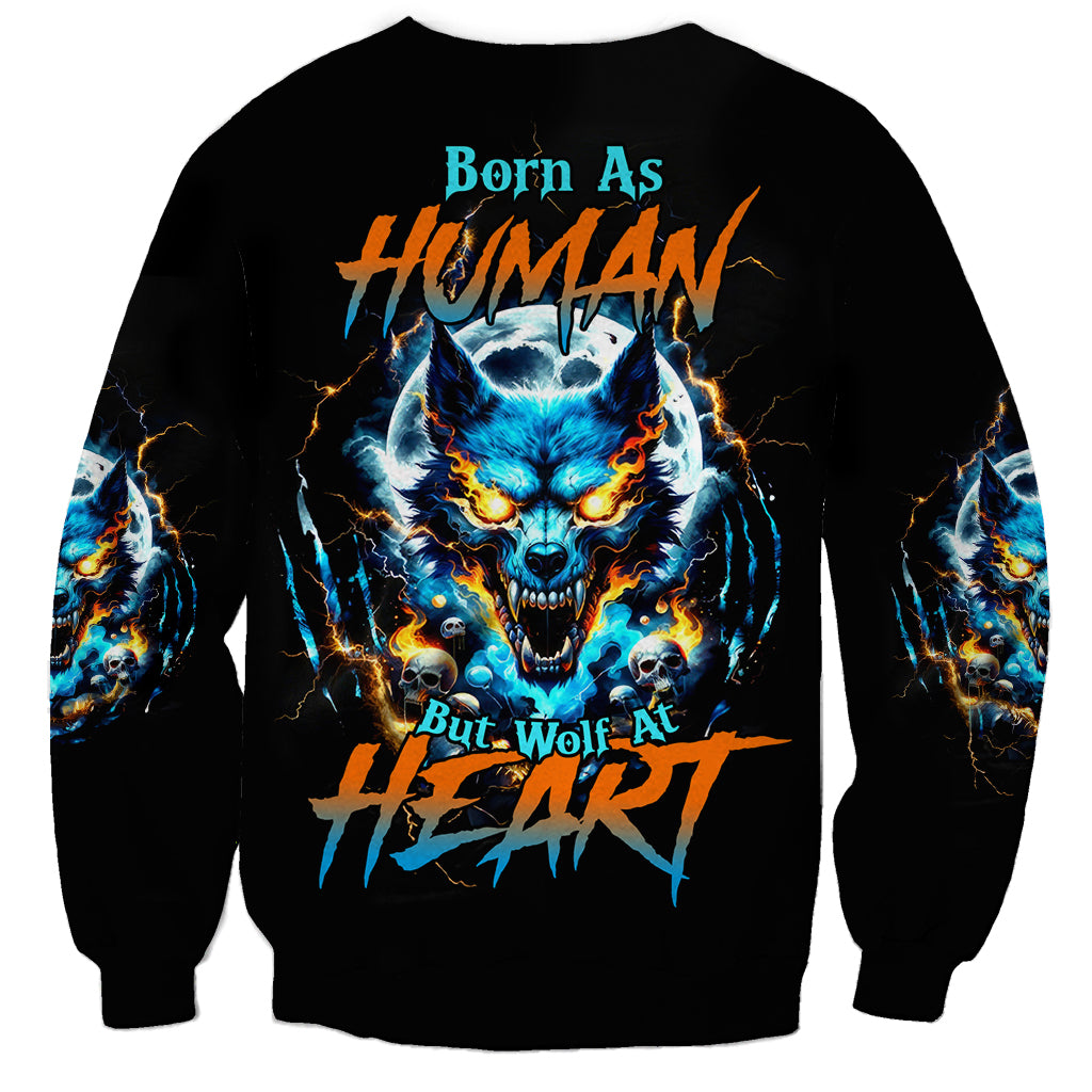 Black unisex sweatshirt with blue wolf skull front graphic, long sleeves