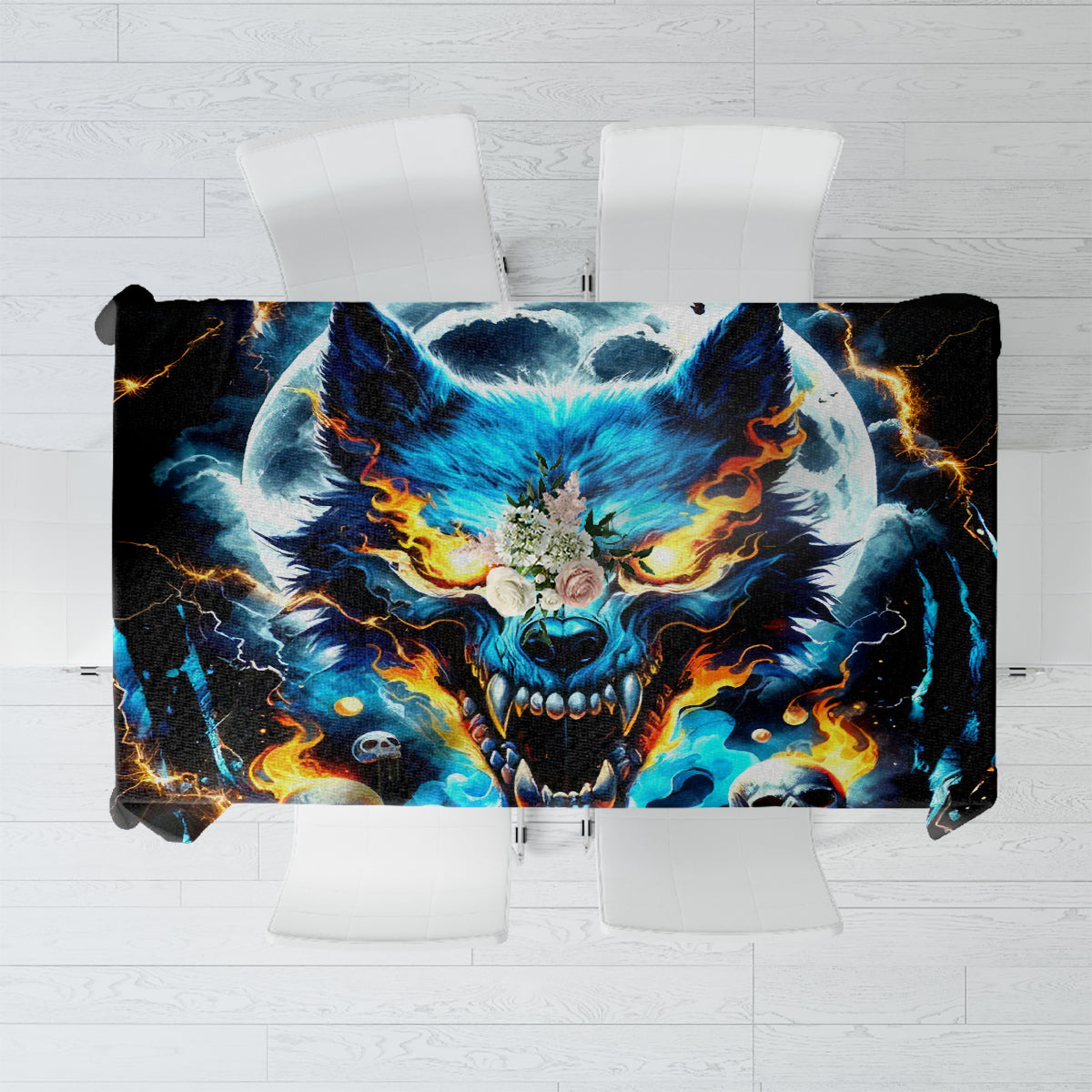 Black tablecloth with colorful wolf skull graphic, flames and blue eyes