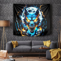 Black hanging wolf tapestry with blue skull face, orange fire, skulls, and lightning arcs.