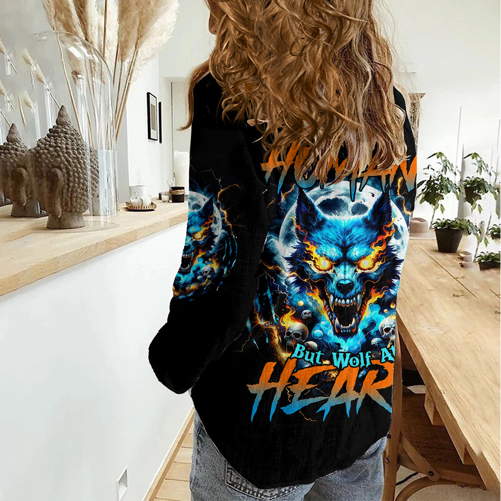 Wolf Skull Women Casual Shirt Born As Human But Wolft At Heart - Wonder Print Shop