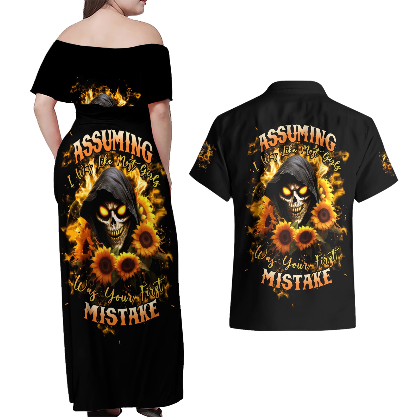 Sunflower Skull Couples Matching Off Shoulder Maxi Dress and Hawaiian Shirt Assuming I Was Like Most Girls Was Your First Mistake - Wonder Print Shop