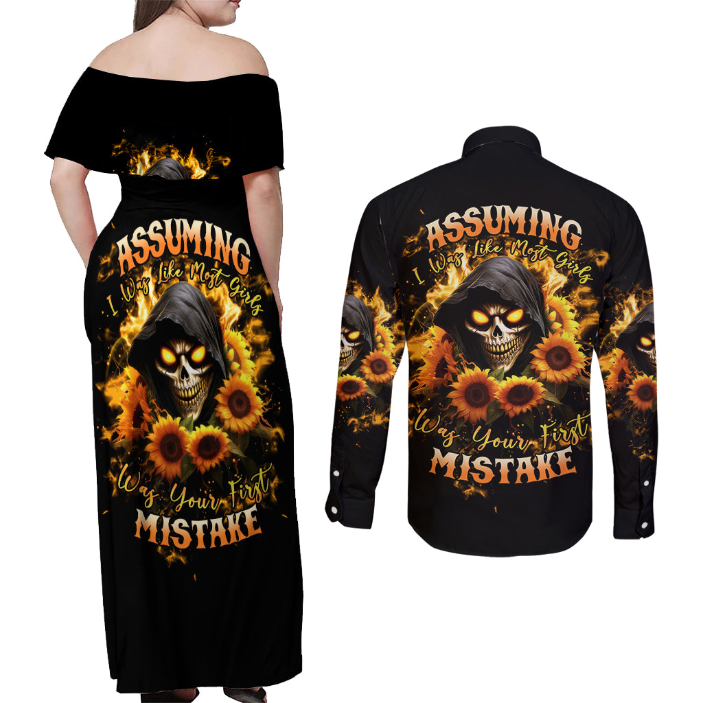 Sunflower Skull Couples Matching Off Shoulder Maxi Dress and Long Sleeve Button Shirt Assuming I Was Like Most Girls Was Your First Mistake - Wonder Print Shop