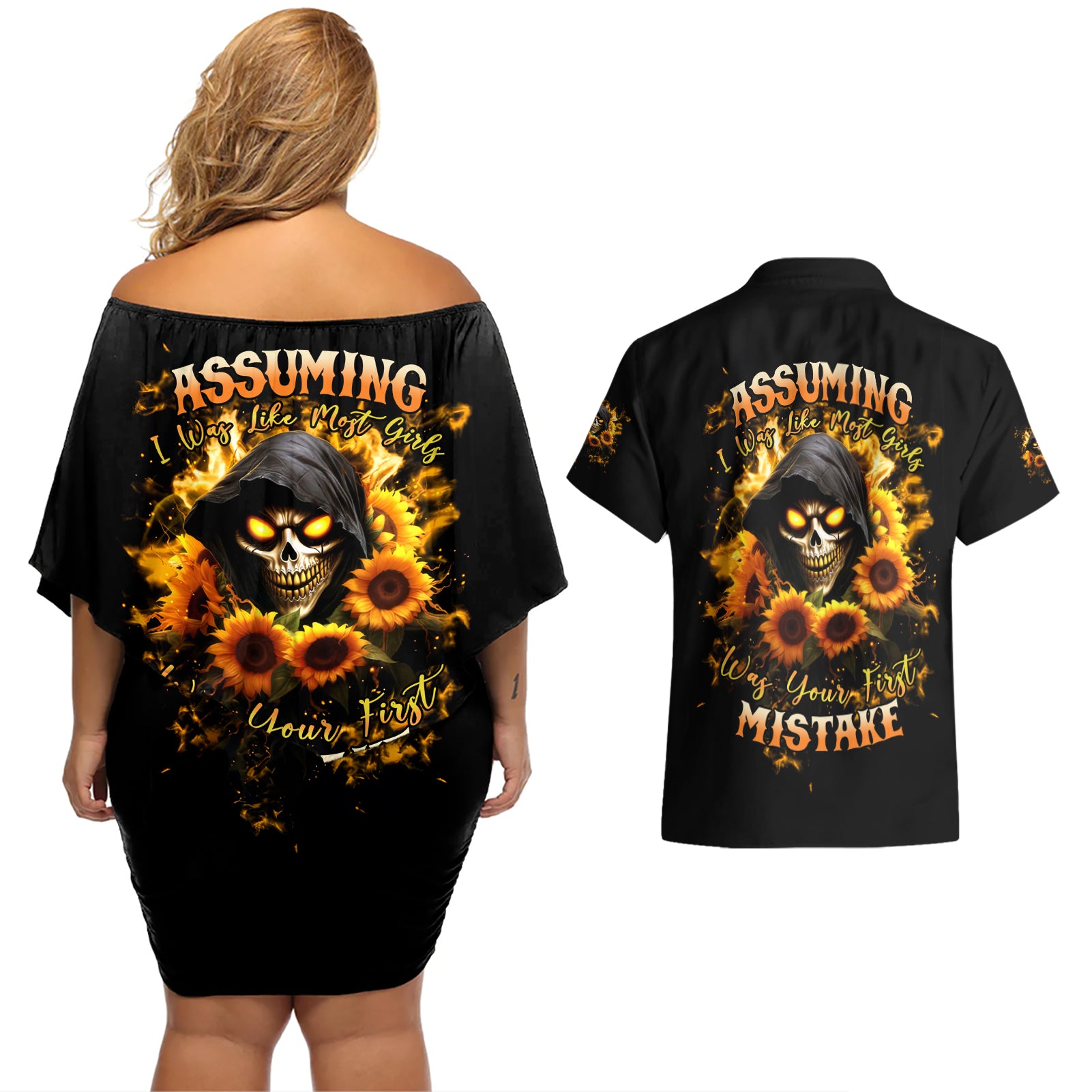 Sunflower Skull Couples Matching Off Shoulder Short Dress and Hawaiian Shirt Assuming I Was Like Most Girls Was Your First Mistake - Wonder Print Shop