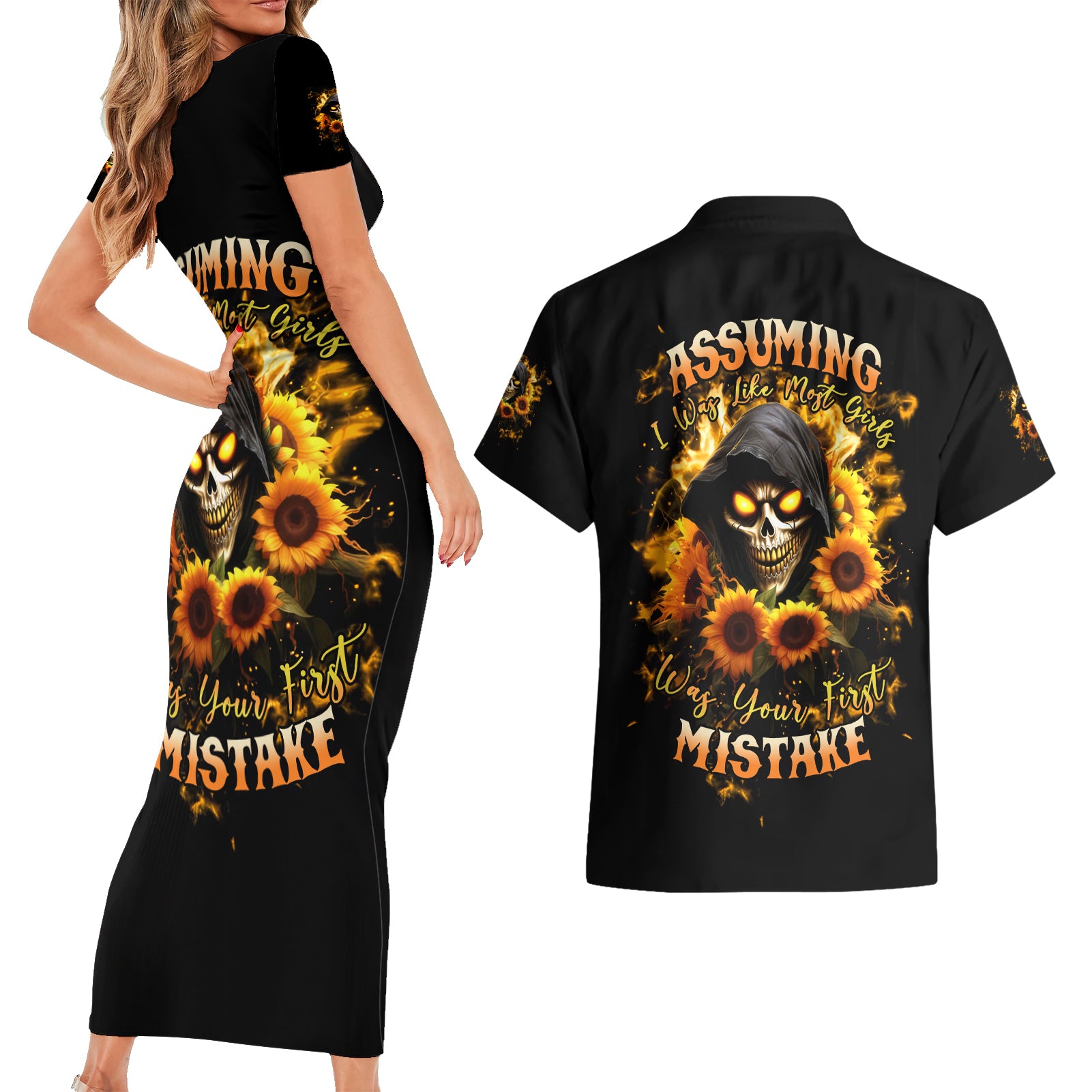 Sunflower Skull Couples Matching Short Sleeve Bodycon Dress and Hawaiian Shirt Assuming I Was Like Most Girls Was Your First Mistake - Wonder Print Shop