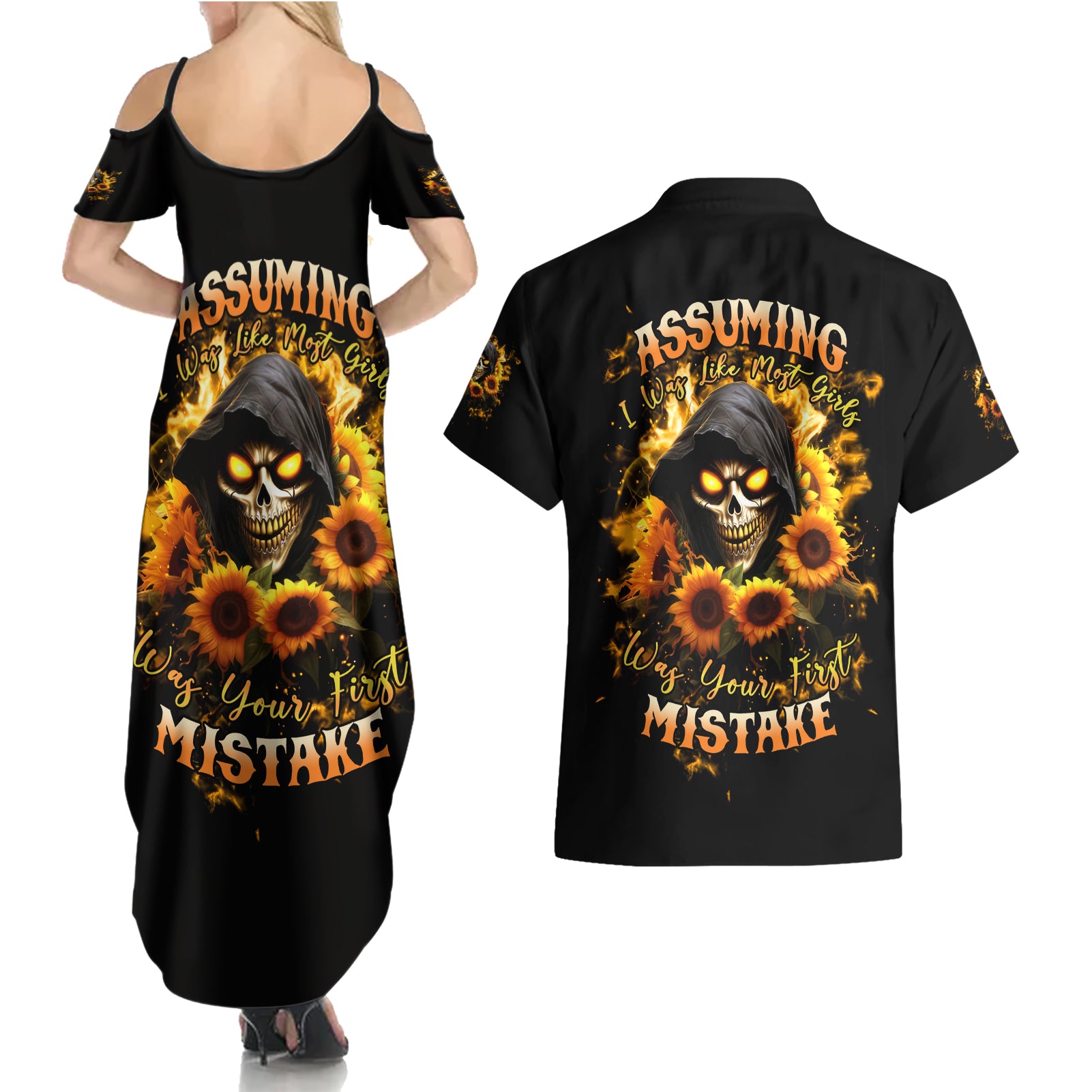 Sunflower Skull Couples Matching Summer Maxi Dress and Hawaiian Shirt Assuming I Was Like Most Girls Was Your First Mistake - Wonder Print Shop