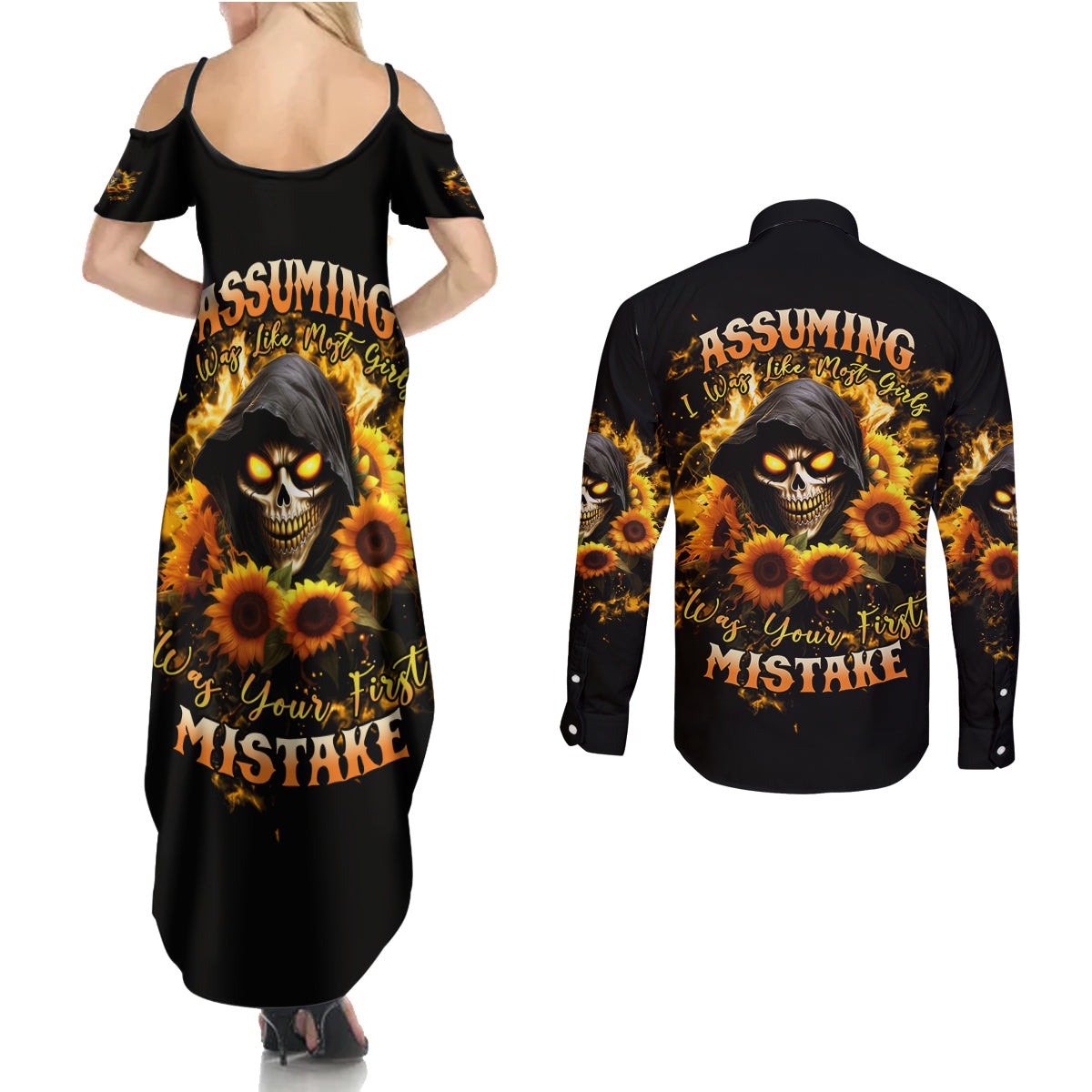 Sunflower Skull Couples Matching Summer Maxi Dress and Long Sleeve Button Shirt Assuming I Was Like Most Girls Was Your First Mistake - Wonder Print Shop