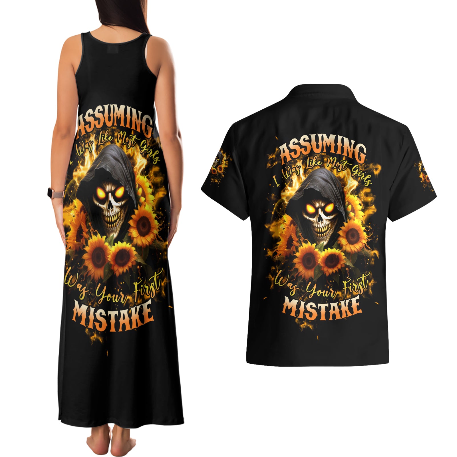 Sunflower Skull Couples Matching Tank Maxi Dress and Hawaiian Shirt Assuming I Was Like Most Girls Was Your First Mistake - Wonder Print Shop