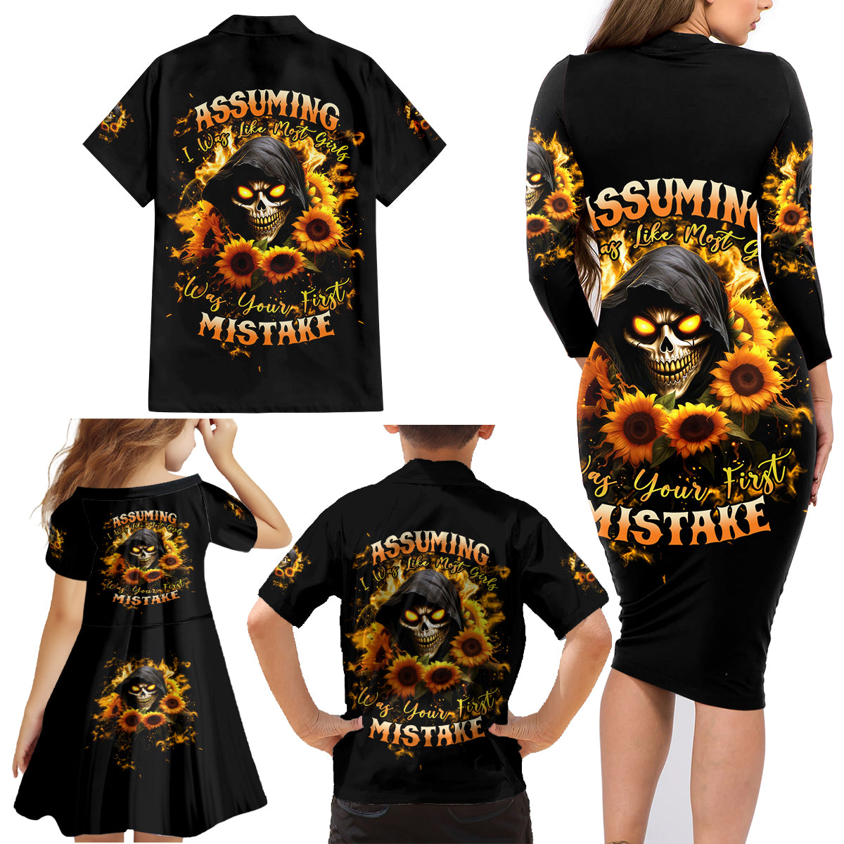 Sunflower Skull Family Matching Long Sleeve Bodycon Dress and Hawaiian Shirt Assuming I Was Like Most Girls Was Your First Mistake - Wonder Print Shop