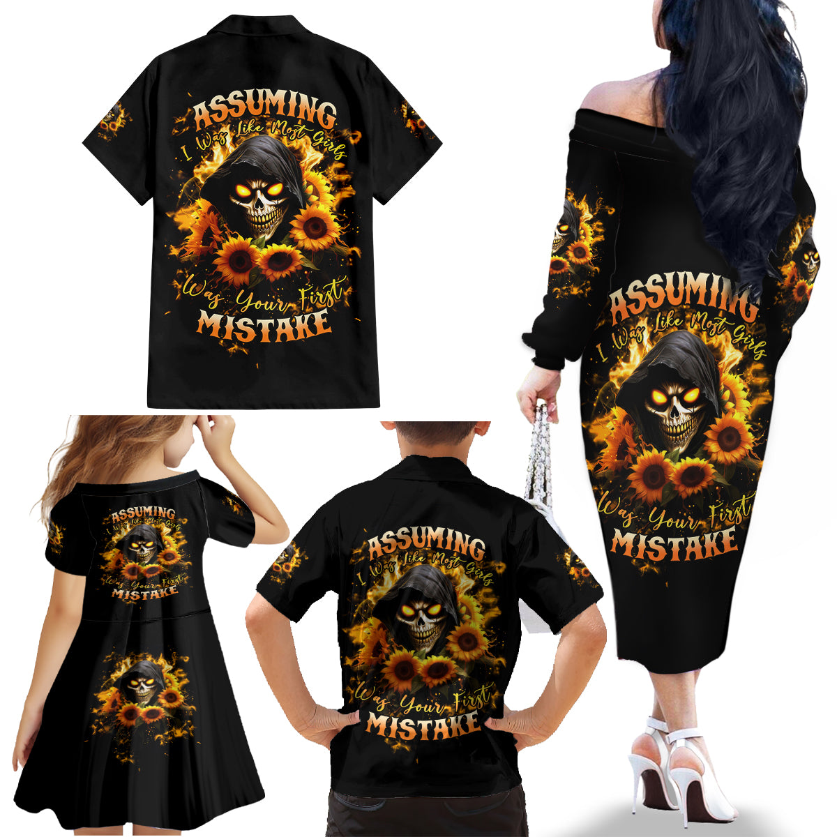 Sunflower Skull Family Matching Off Shoulder Long Sleeve Dress and Hawaiian Shirt Assuming I Was Like Most Girls Was Your First Mistake - Wonder Print Shop