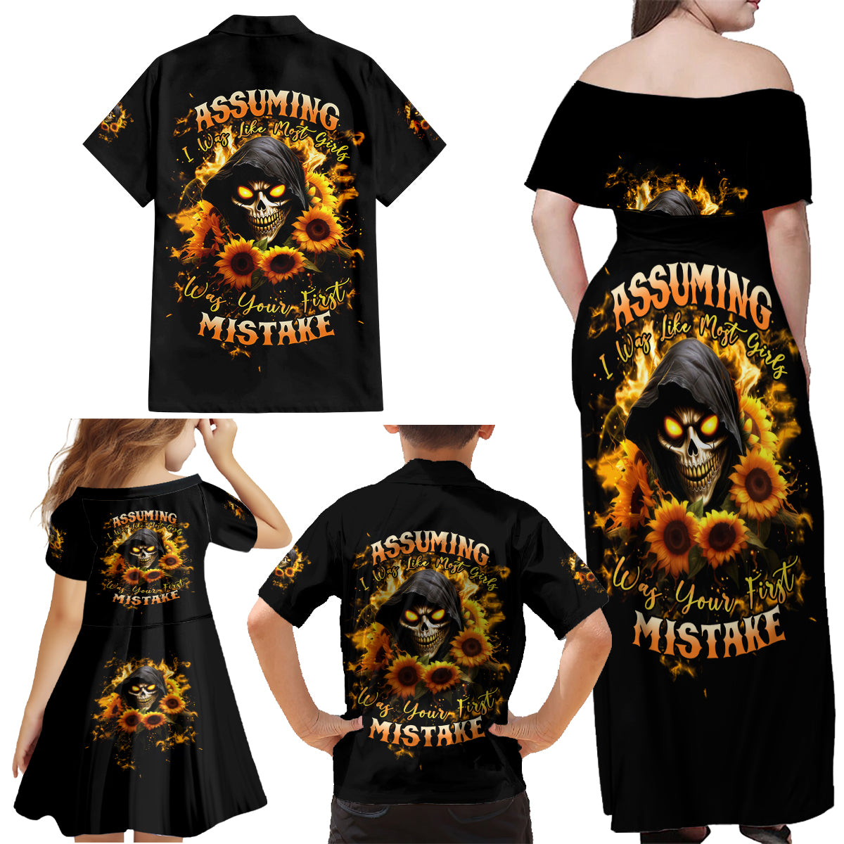 Sunflower Skull Family Matching Off Shoulder Maxi Dress and Hawaiian Shirt Assuming I Was Like Most Girls Was Your First Mistake - Wonder Print Shop