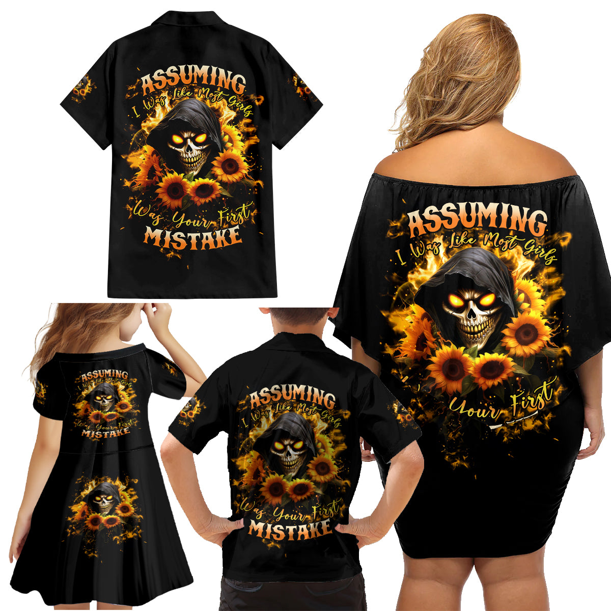 Sunflower Skull Family Matching Off Shoulder Short Dress and Hawaiian Shirt Assuming I Was Like Most Girls Was Your First Mistake - Wonder Print Shop