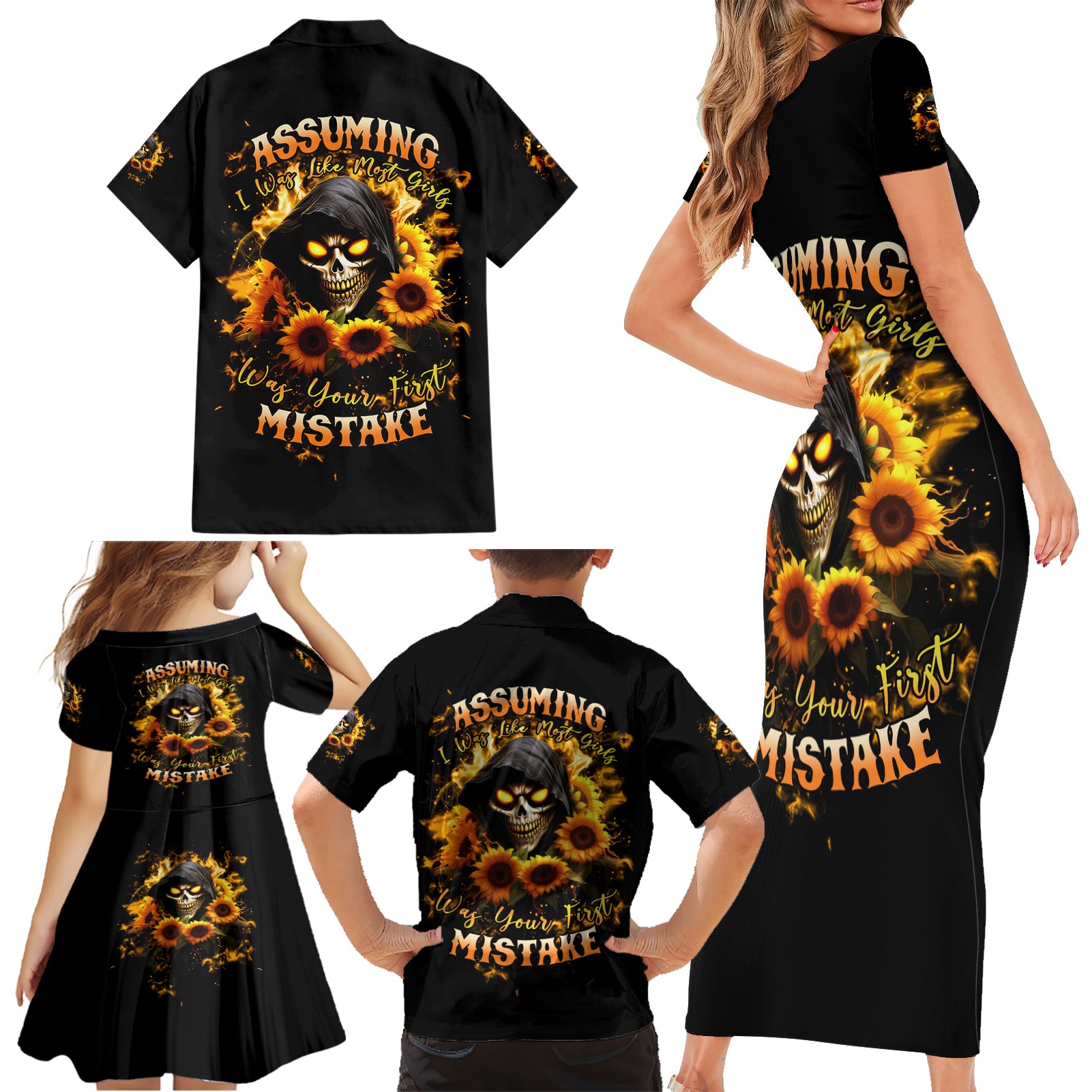 Sunflower Skull Family Matching Short Sleeve Bodycon Dress and Hawaiian Shirt Assuming I Was Like Most Girls Was Your First Mistake - Wonder Print Shop