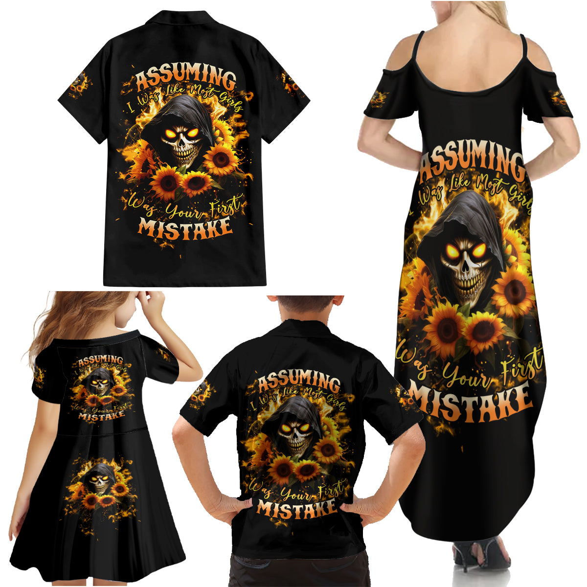 Sunflower Skull Family Matching Summer Maxi Dress and Hawaiian Shirt Assuming I Was Like Most Girls Was Your First Mistake - Wonder Print Shop