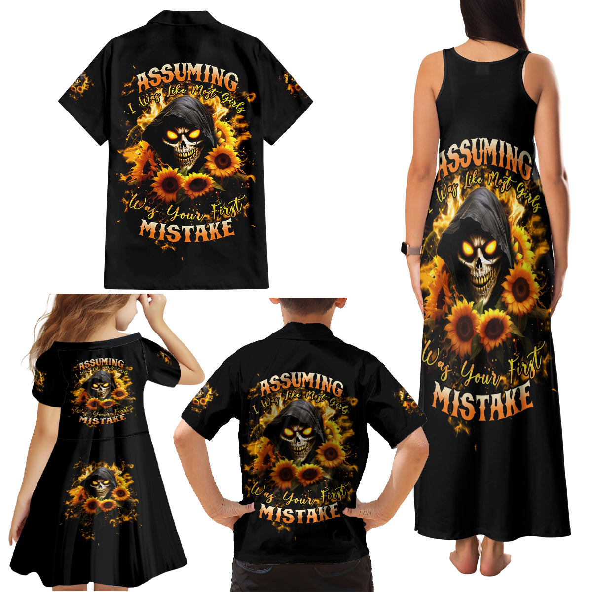 Sunflower Skull Family Matching Tank Maxi Dress and Hawaiian Shirt Assuming I Was Like Most Girls Was Your First Mistake - Wonder Print Shop