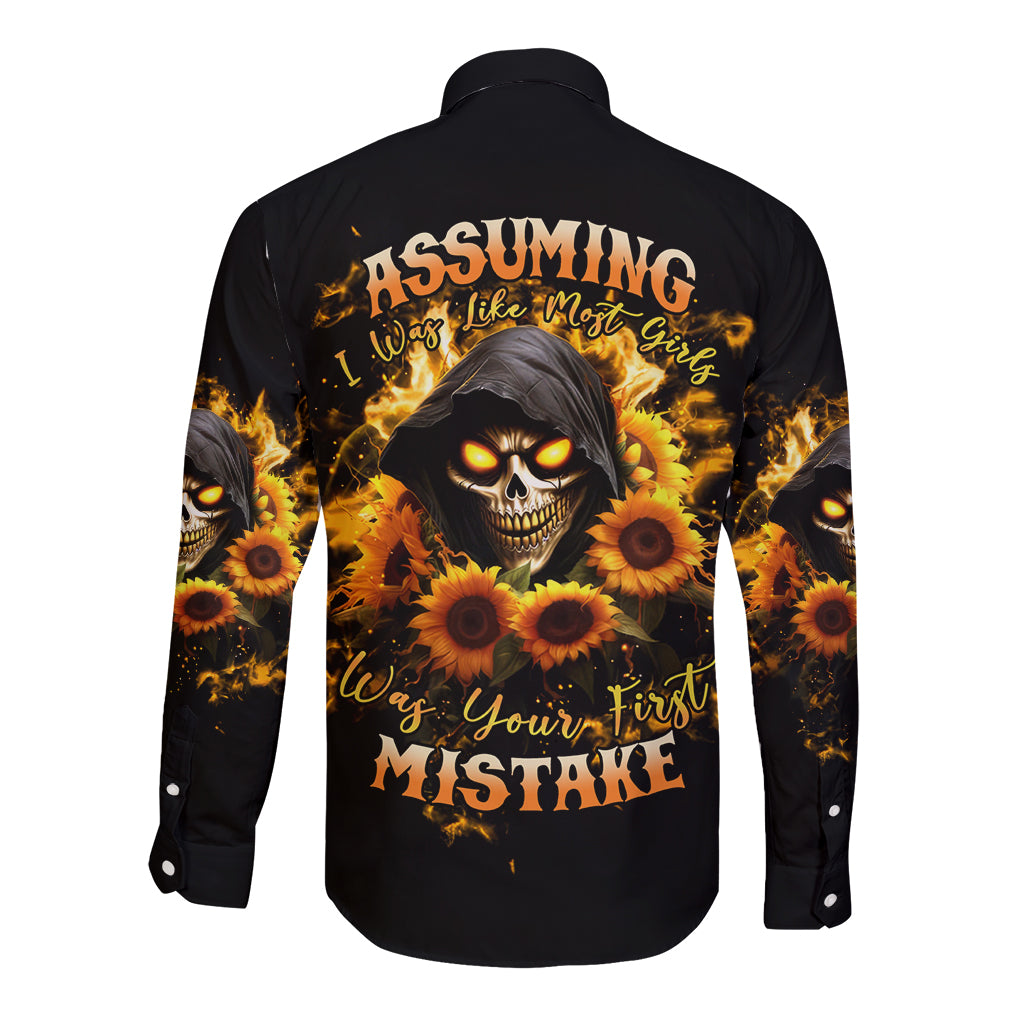 Sunflower Skull Long Sleeve Button Shirt Assuming I Was Like Most Girls Was Your First Mistake - Wonder Print Shop