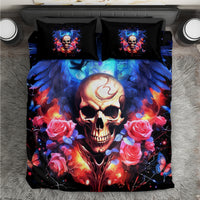 Skull and roses bedding set with blue flames and black background, includes matching pillows
