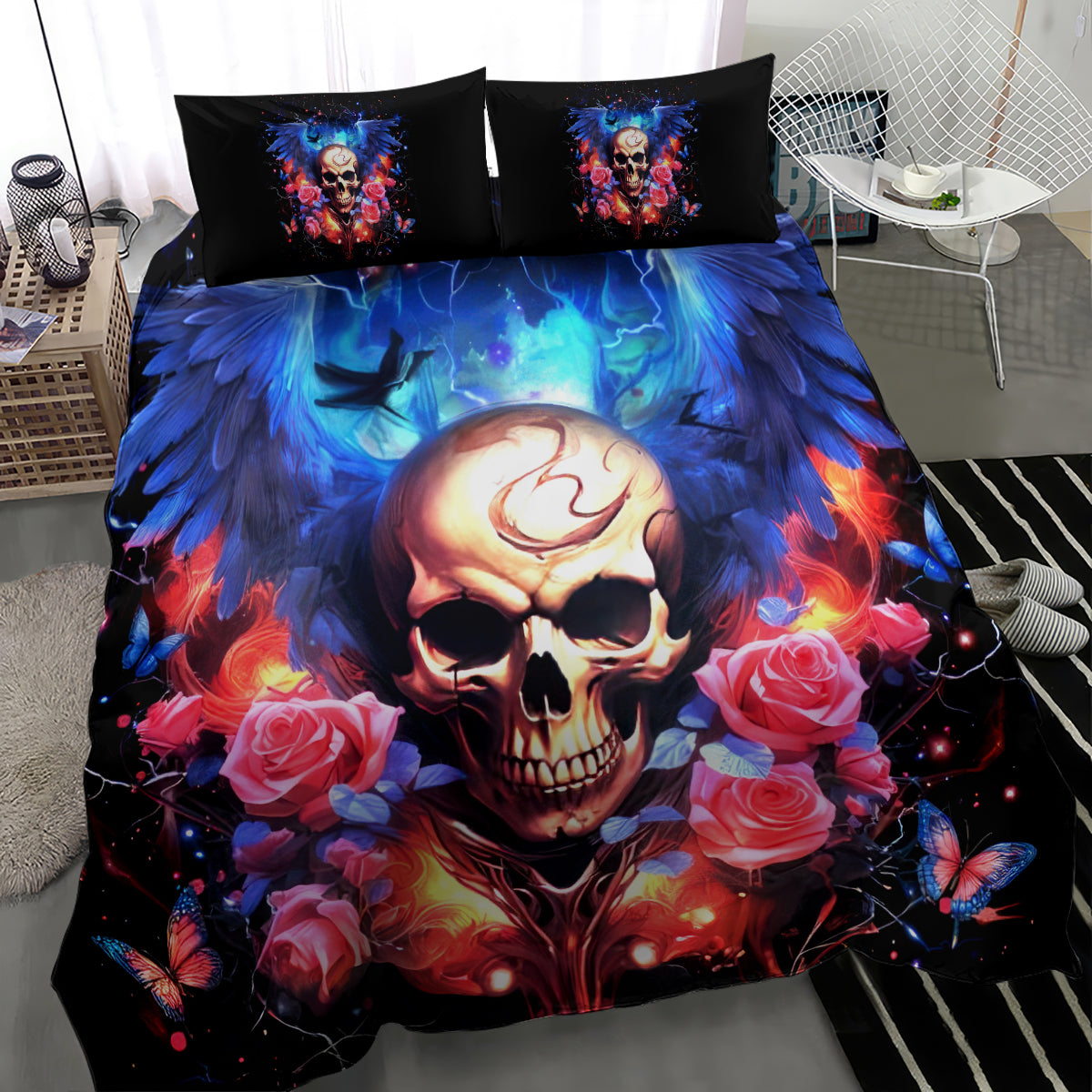 Skull duvet and pillow set with blue burst center, red roses, flames, and butterflies