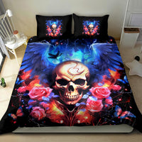 Black skull bedding set with blue lightning, red roses, and two matching decorative pillows
