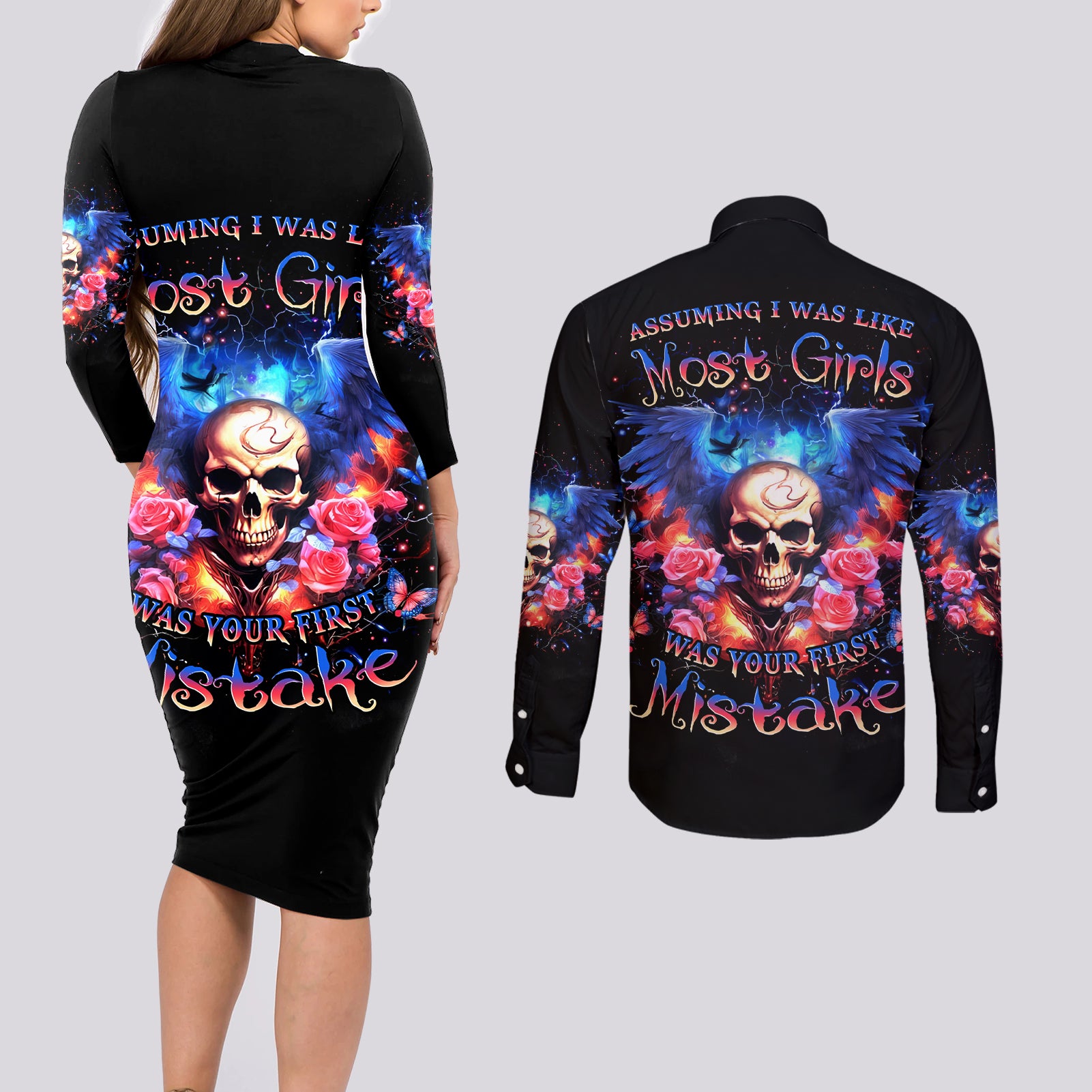 Fairy Skull Couples Matching Long Sleeve Bodycon Dress and Long Sleeve Button Shirt Assuming I Was Like Most Girls Was Your First Mistake - Wonder Print Shop