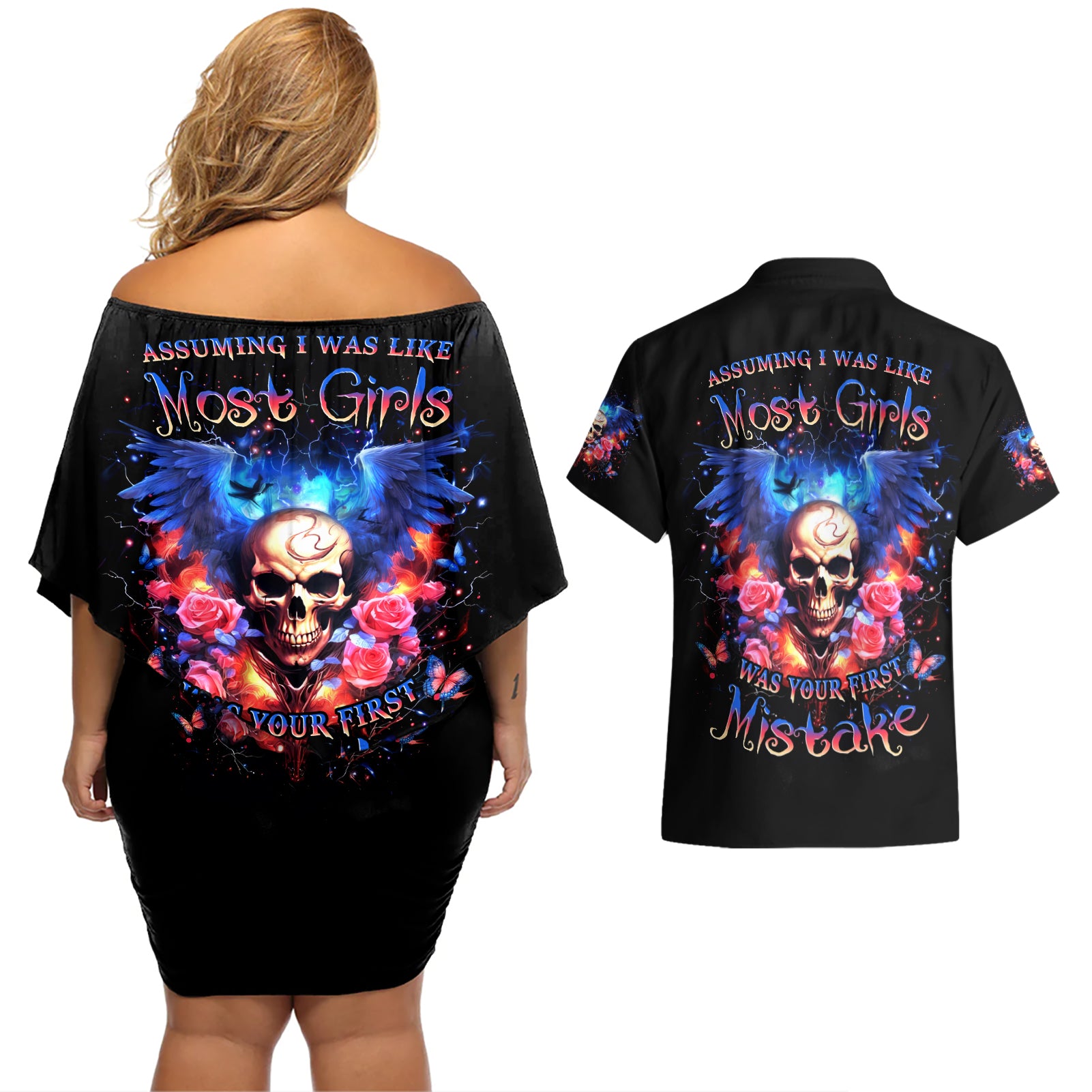 Fairy Skull Couples Matching Off Shoulder Short Dress and Hawaiian Shirt Assuming I Was Like Most Girls Was Your First Mistake - Wonder Print Shop