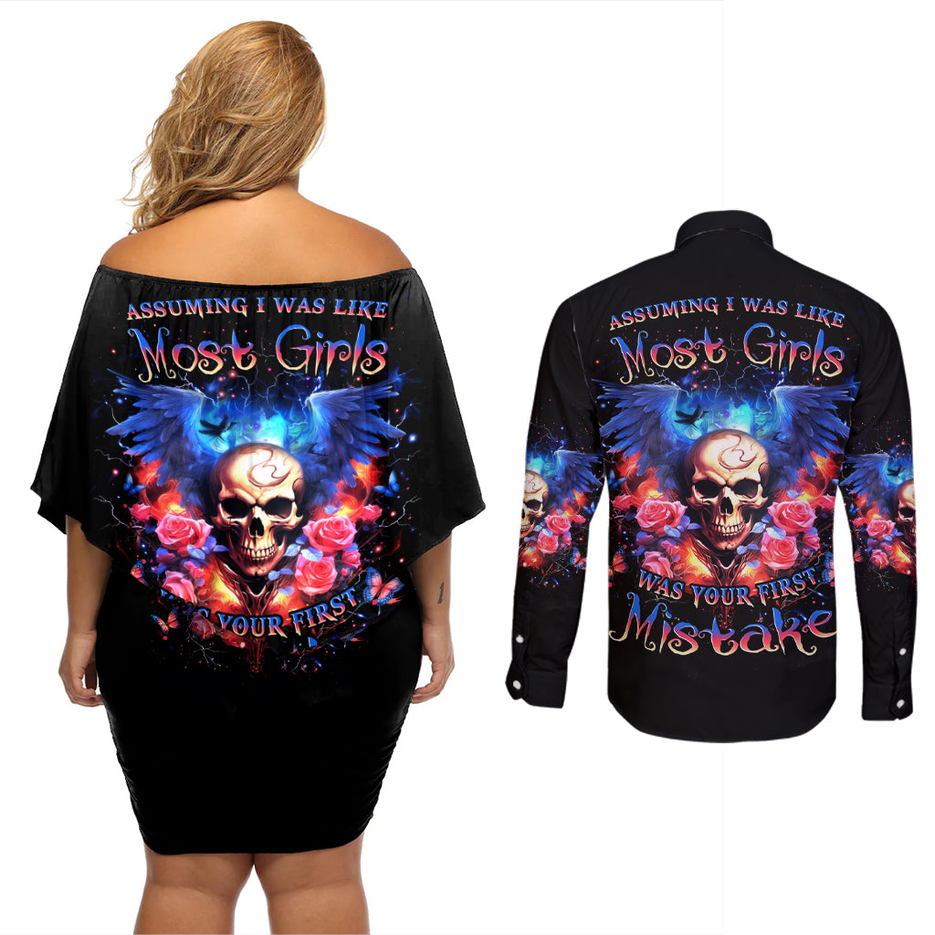 Fairy Skull Couples Matching Off Shoulder Short Dress and Long Sleeve Button Shirt Assuming I Was Like Most Girls Was Your First Mistake - Wonder Print Shop