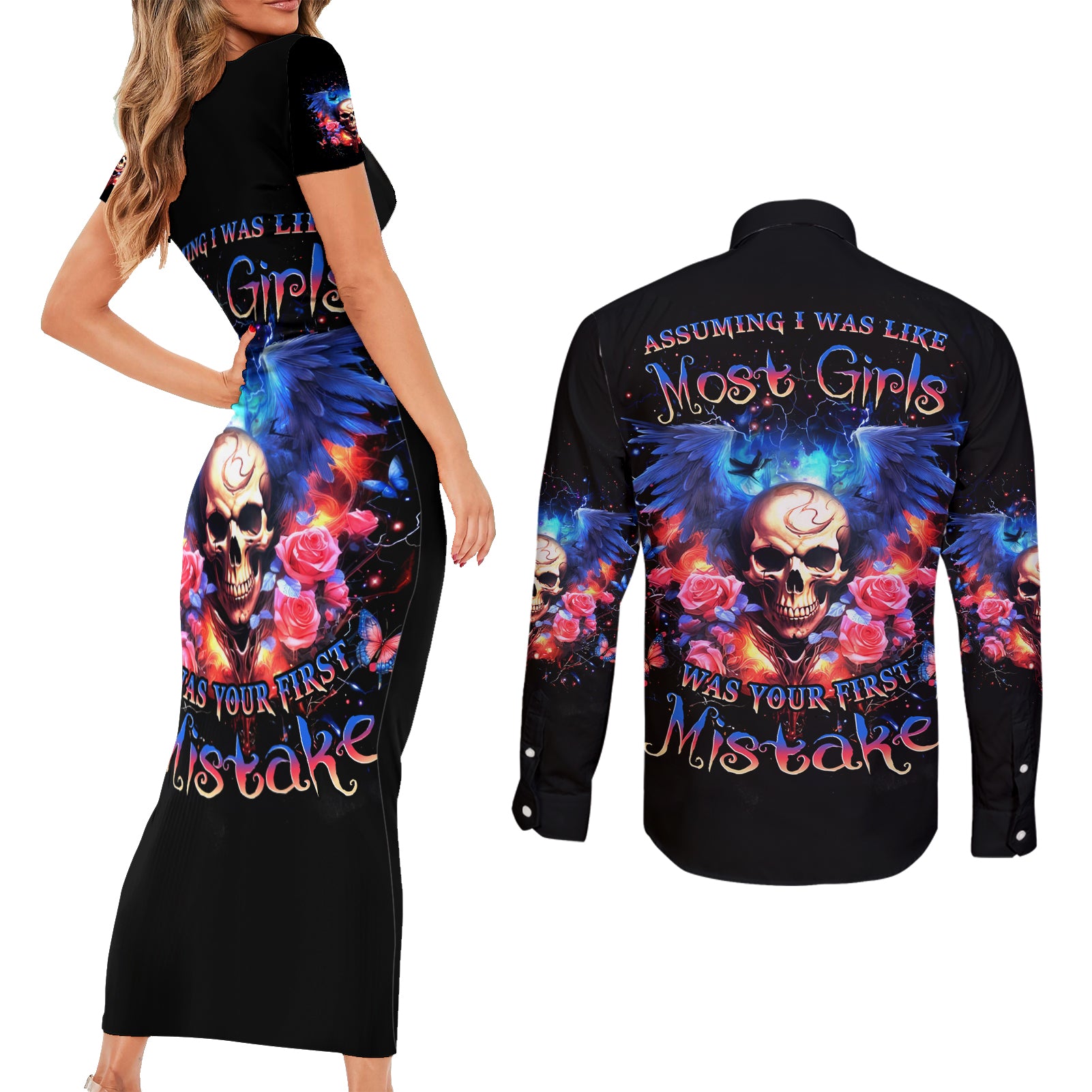 Fairy Skull Couples Matching Short Sleeve Bodycon Dress and Long Sleeve Button Shirt Assuming I Was Like Most Girls Was Your First Mistake - Wonder Print Shop