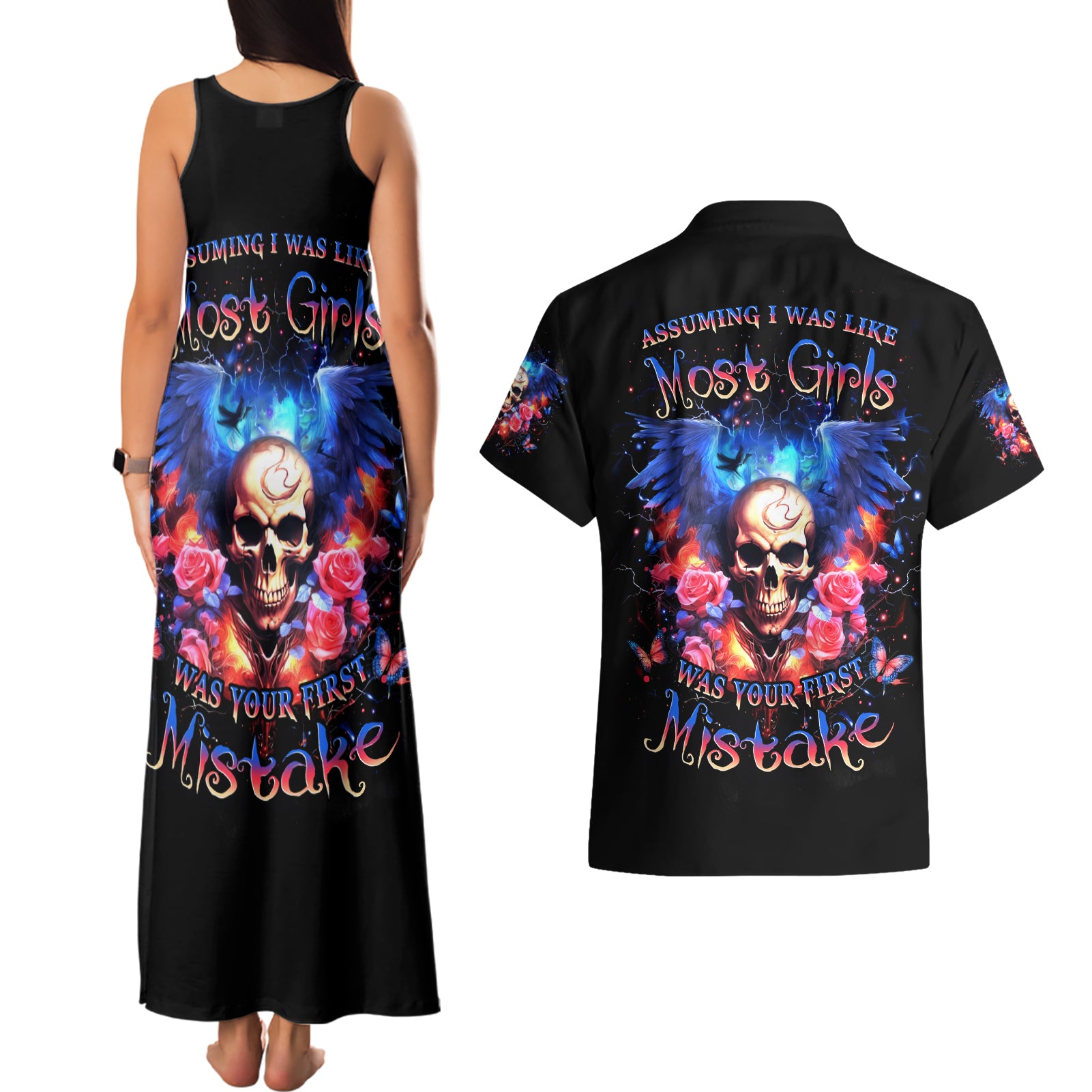 Fairy Skull Couples Matching Tank Maxi Dress and Hawaiian Shirt Assuming I Was Like Most Girls Was Your First Mistake - Wonder Print Shop