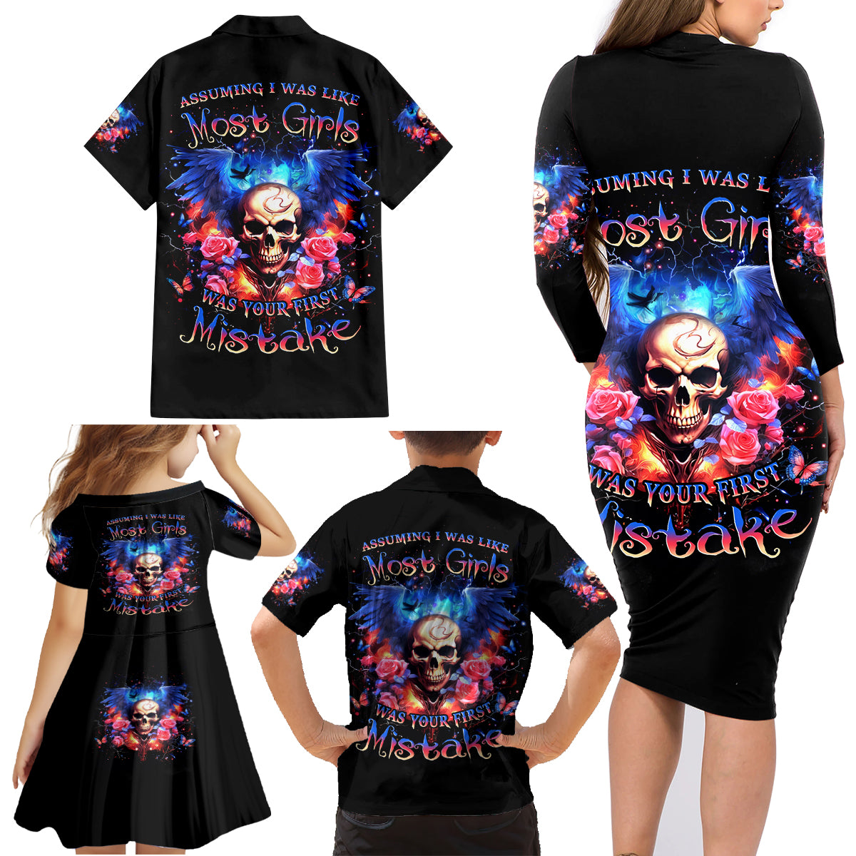 Fairy Skull Family Matching Long Sleeve Bodycon Dress and Hawaiian Shirt Assuming I Was Like Most Girls Was Your First Mistake - Wonder Print Shop