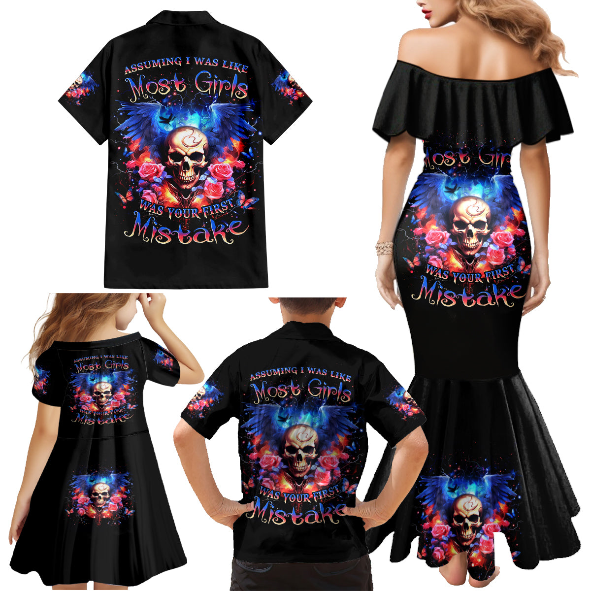 Fairy Skull Family Matching Mermaid Dress and Hawaiian Shirt Assuming I Was Like Most Girls Was Your First Mistake - Wonder Print Shop