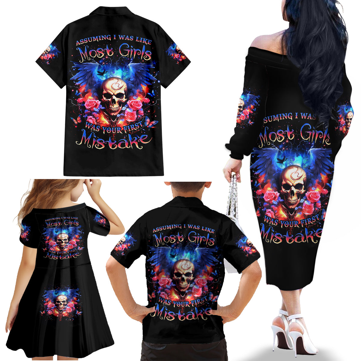 Fairy Skull Family Matching Off Shoulder Long Sleeve Dress and Hawaiian Shirt Assuming I Was Like Most Girls Was Your First Mistake - Wonder Print Shop