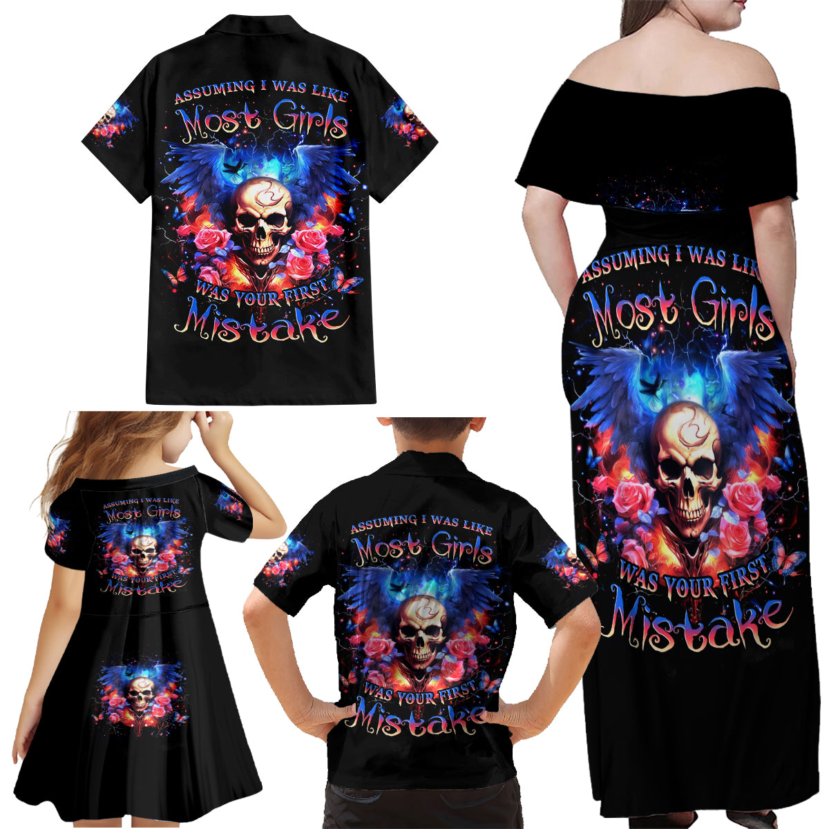 Fairy Skull Family Matching Off Shoulder Maxi Dress and Hawaiian Shirt Assuming I Was Like Most Girls Was Your First Mistake - Wonder Print Shop