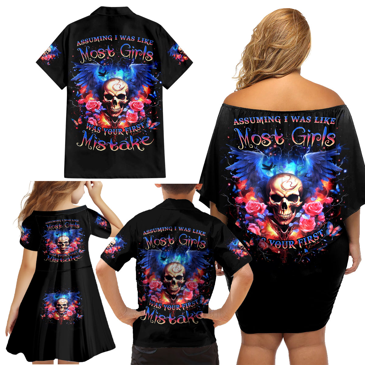 Fairy Skull Family Matching Off Shoulder Short Dress and Hawaiian Shirt Assuming I Was Like Most Girls Was Your First Mistake - Wonder Print Shop